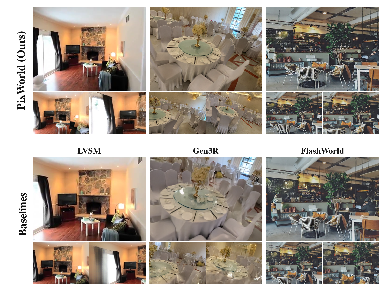 Qualitative comparison of generated novel views against baselines